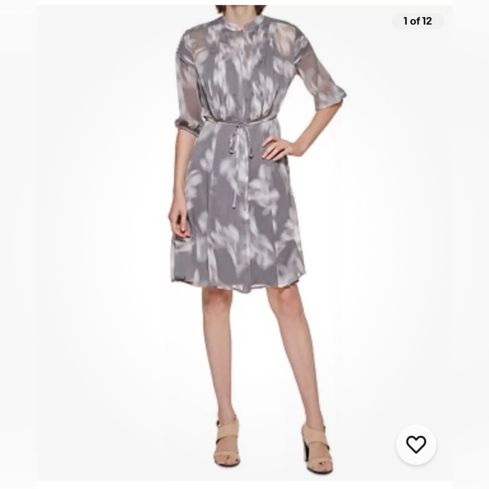 Calvin Klein Chiffon Dress - Size 10- Gray/White Retail $134